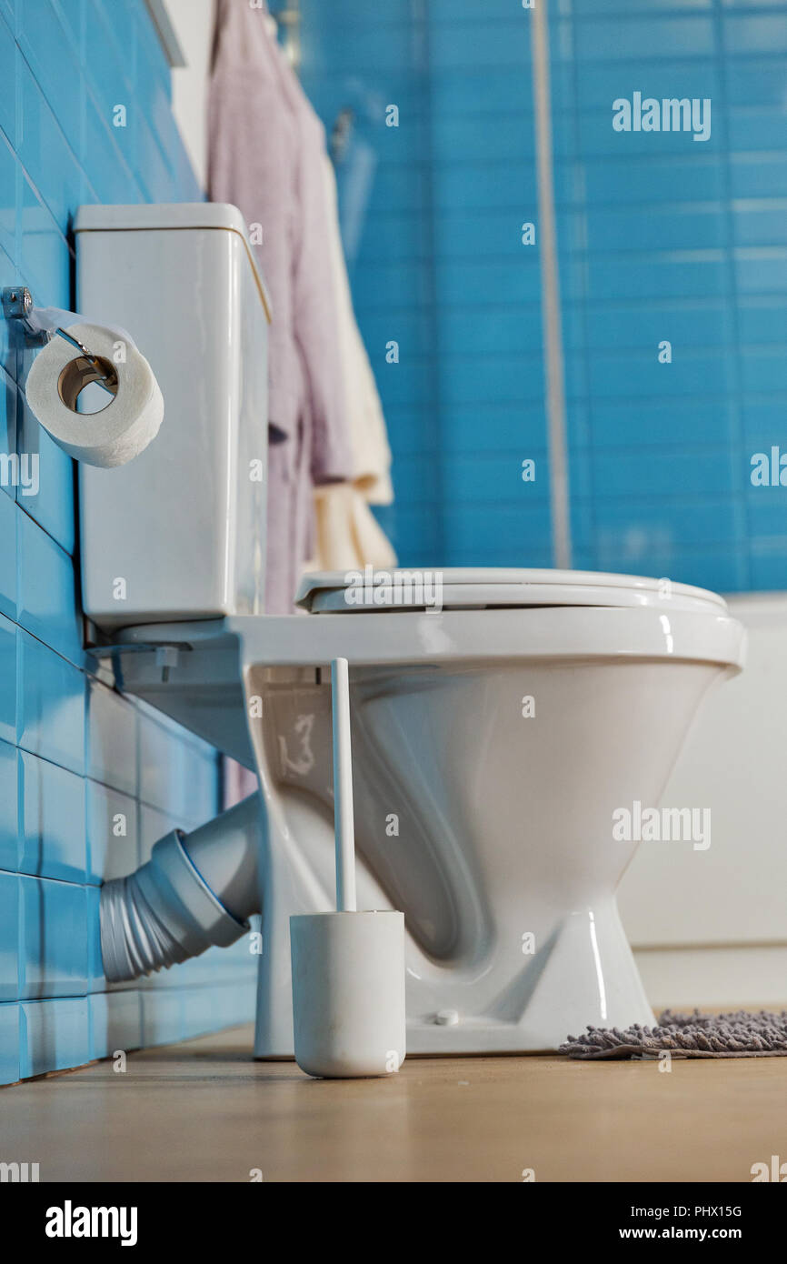 white toilet bowl closeup in the modern bathroom, bottom view Stock