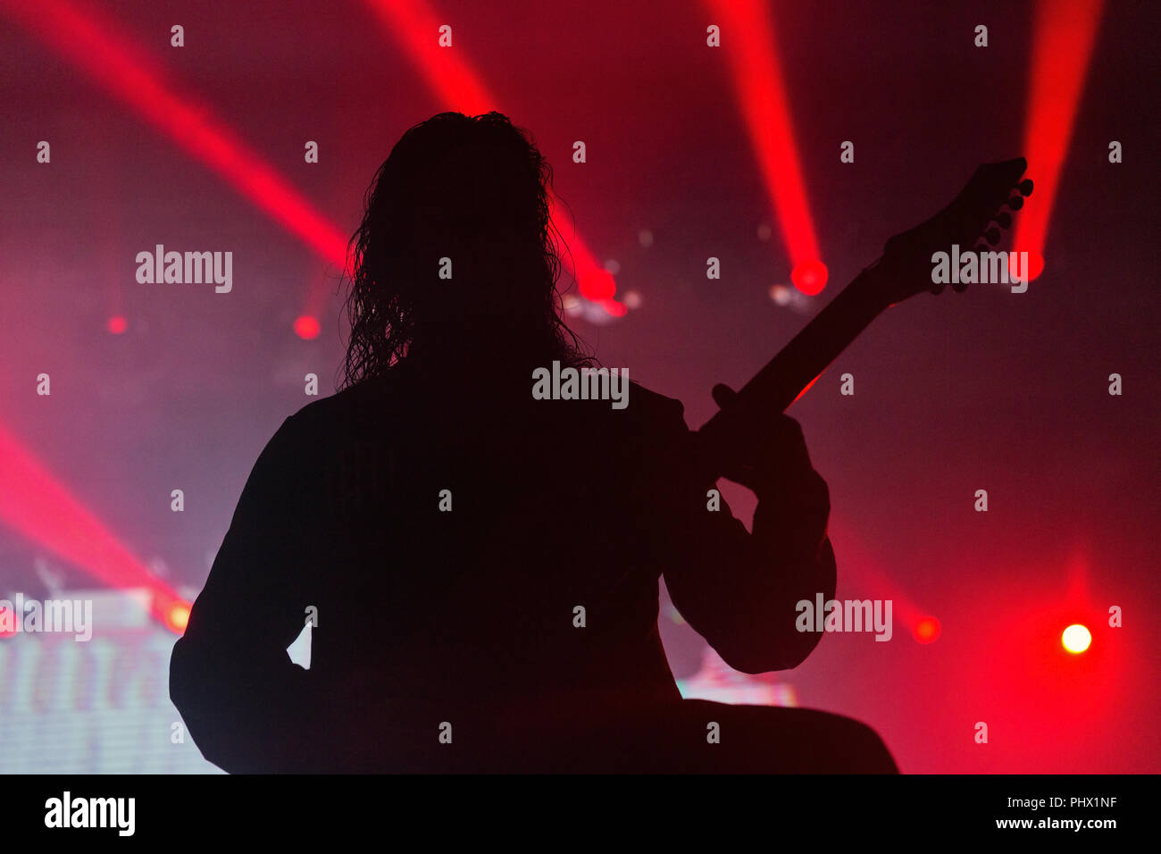 Rock guitarist performs live closeup Stock Photo