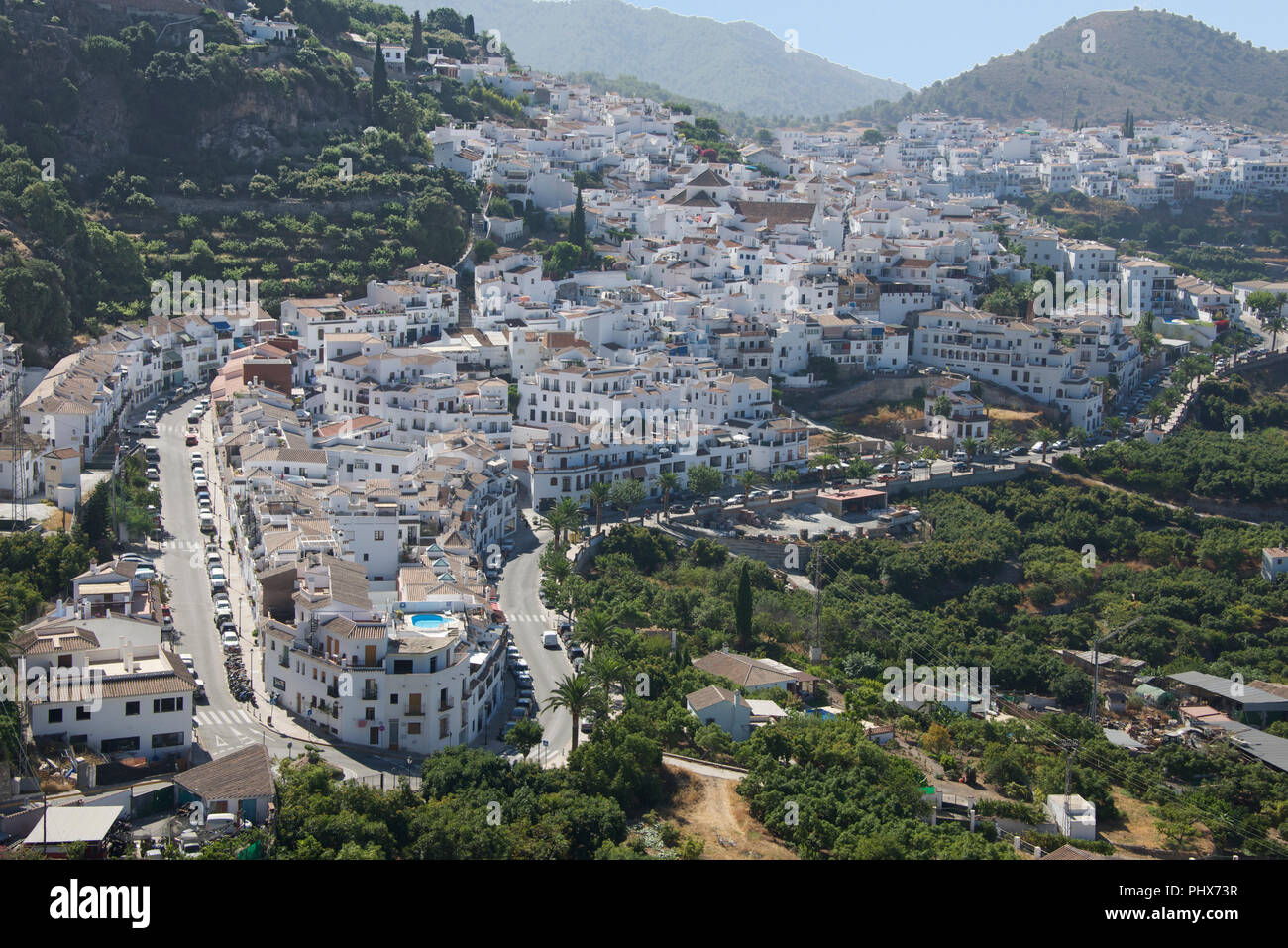 Top view whitewashed houses and buildings Frigiliana Costa Del Sol Andalucia Spain Stock Photo