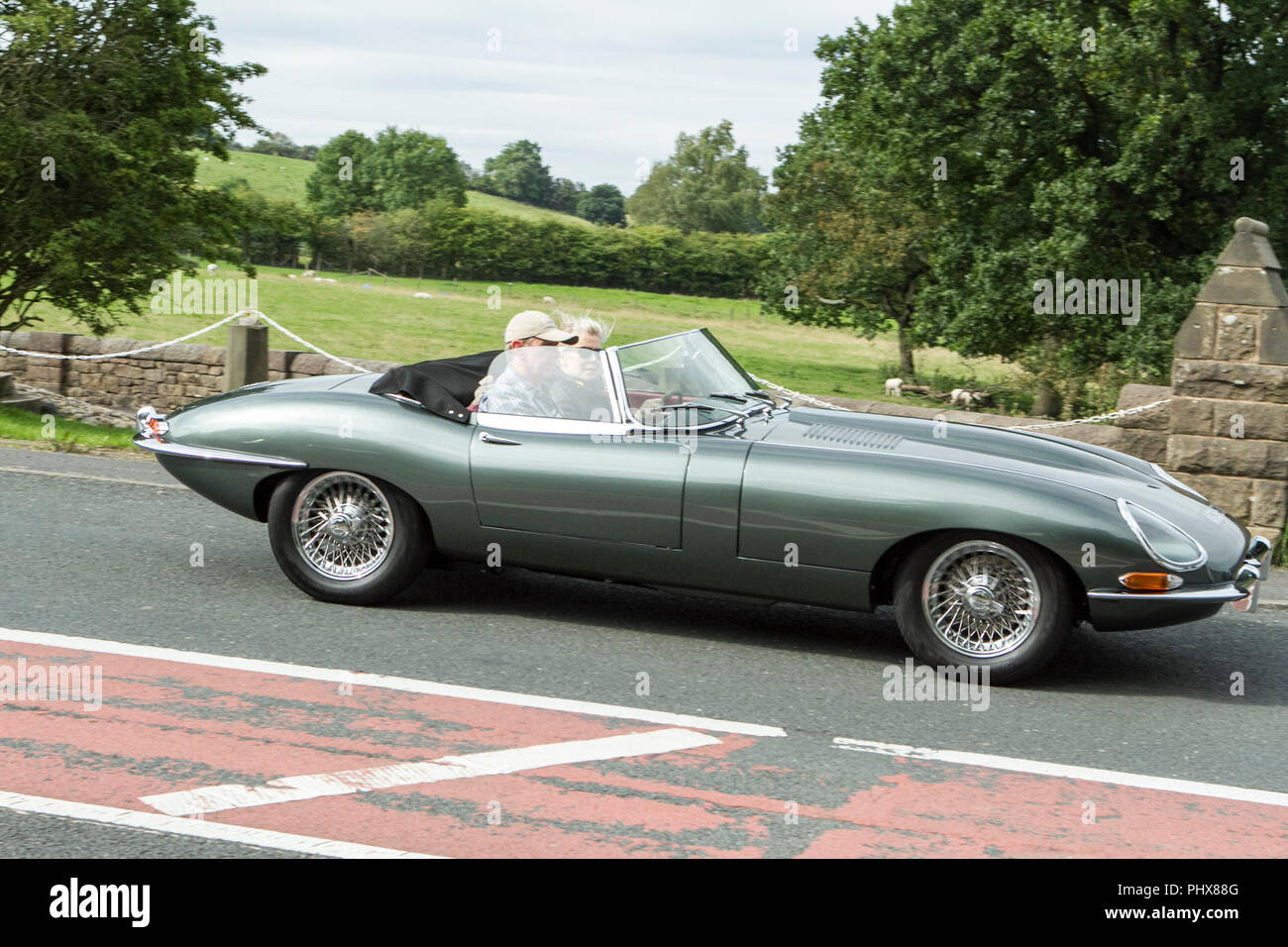 Jaguar e-type classic cars, veteran, restored, car, classic, vehicle, vintage, automobile, old, transportation, retro, transport, UK Stock Photo