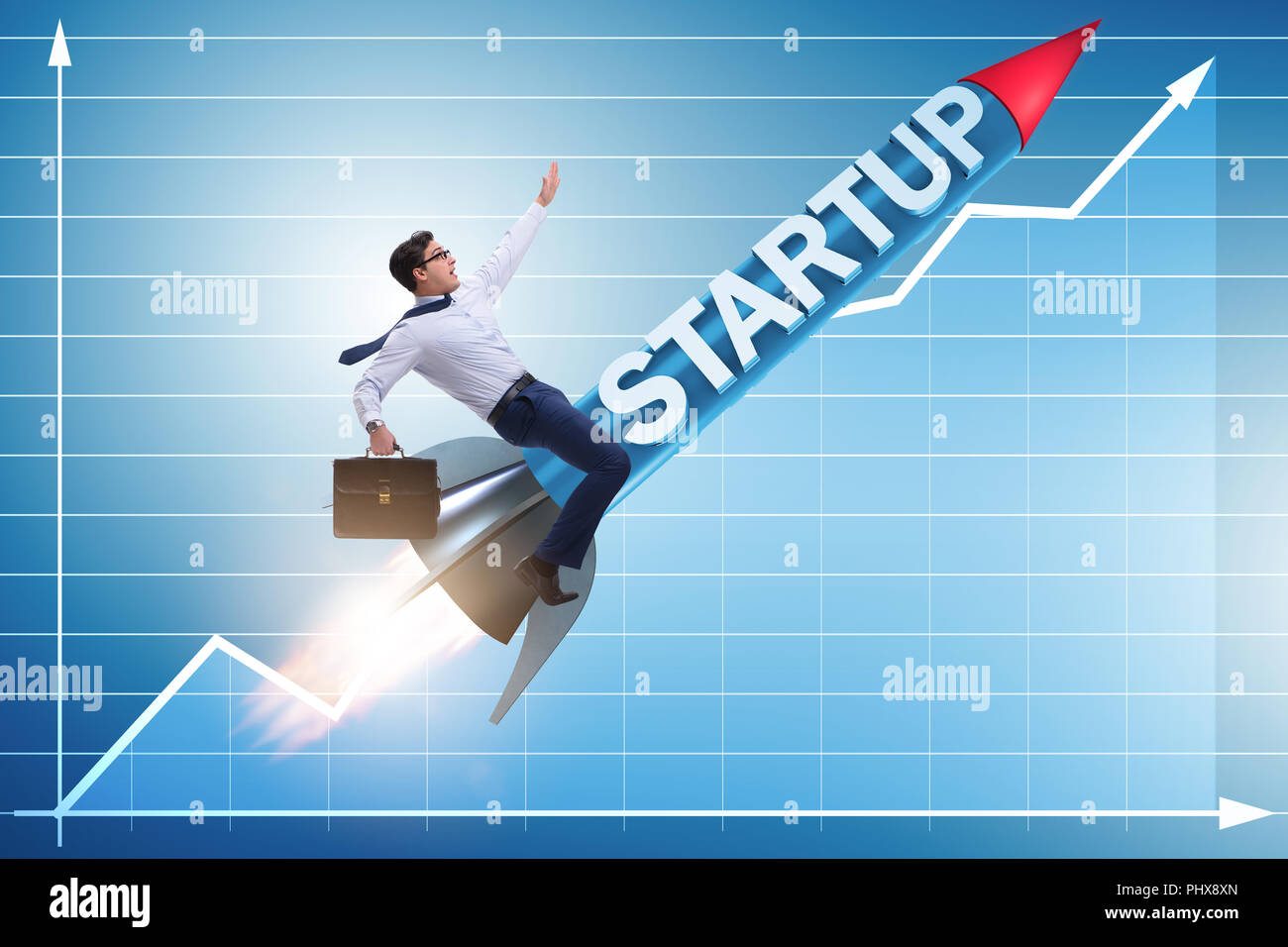 Businessman in start-up concept flying on rocket Stock Photo - Alamy