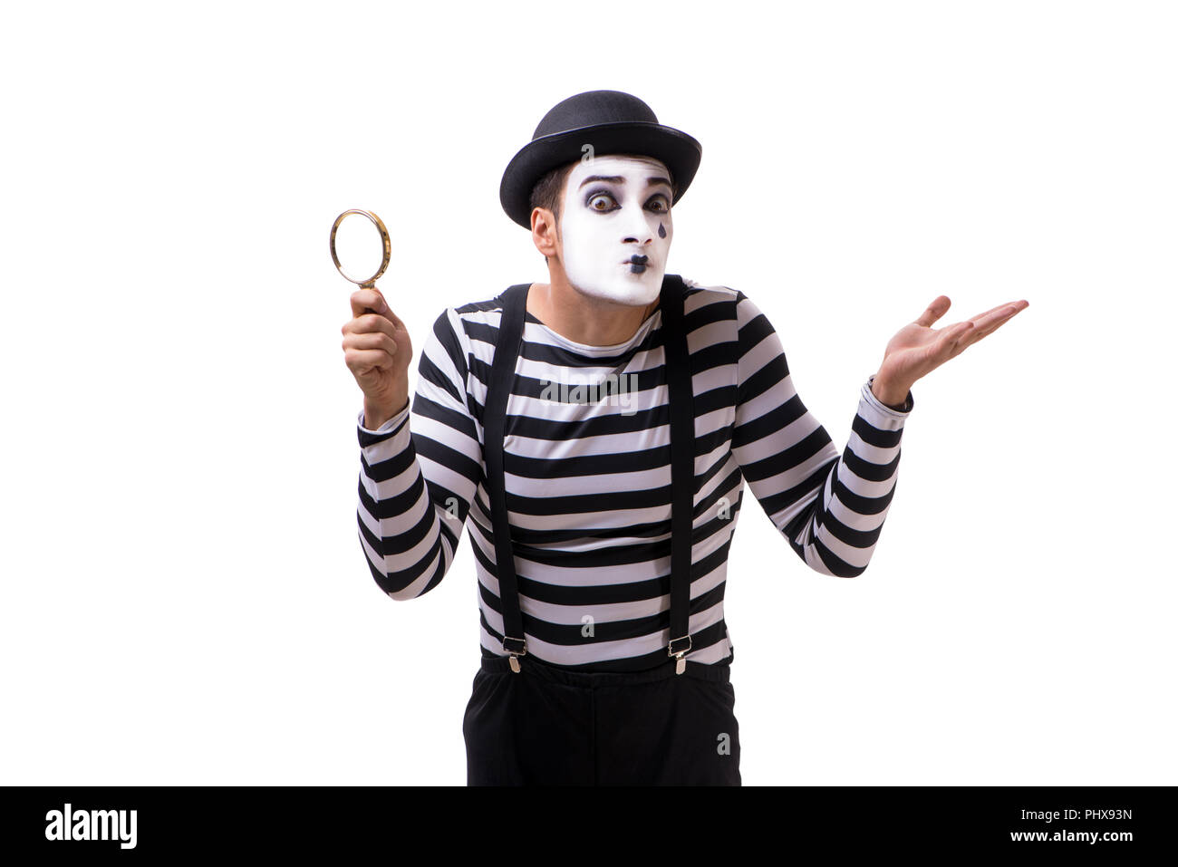 Mime with loupe isolated on white background Stock Photo - Alamy