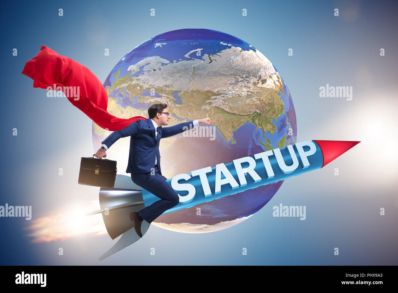 Superhero businessman in start-up concept flying rocket Stock Photo - Alamy