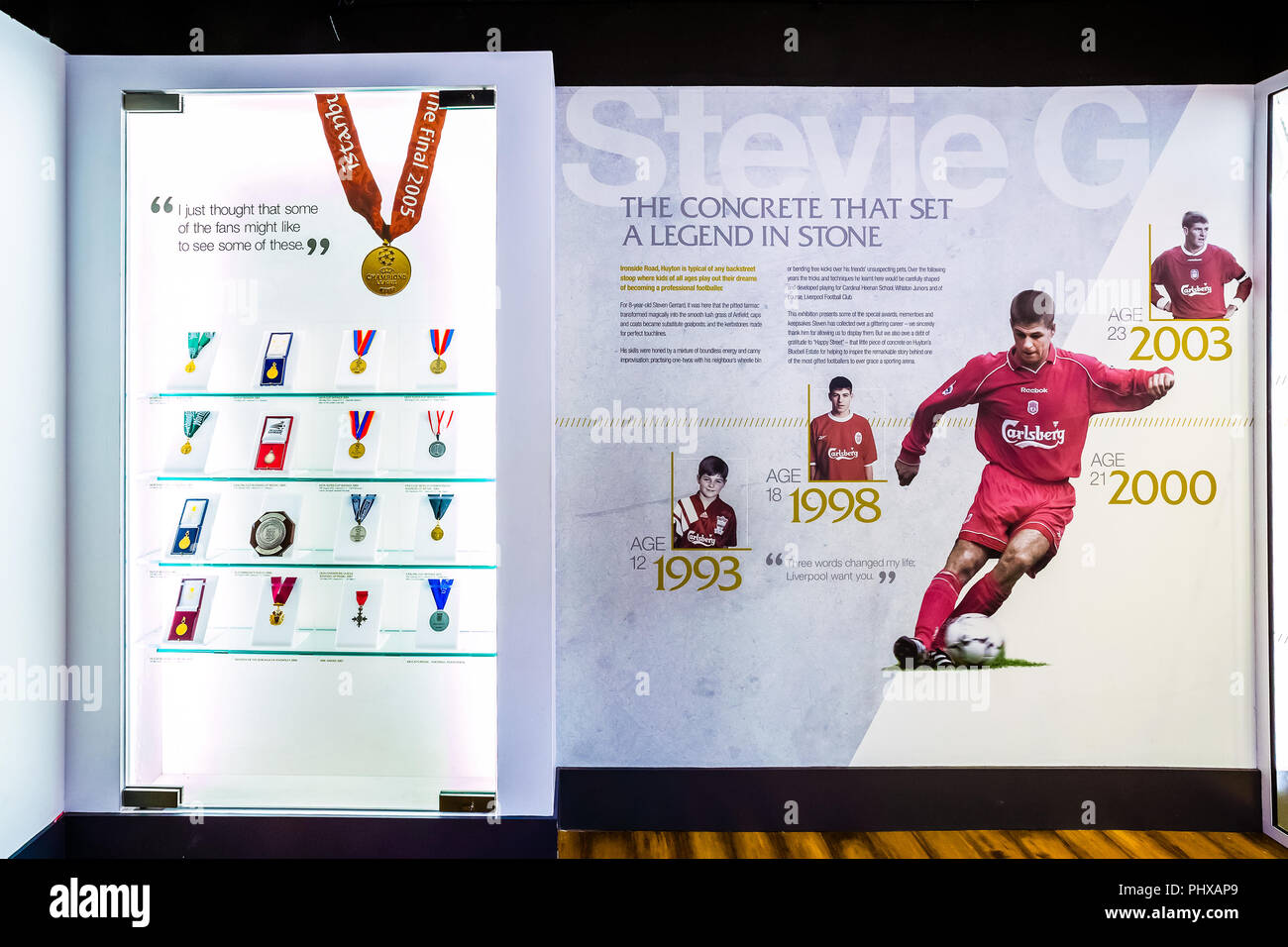LIVERPOOL, UNITED KINGDOM - MAY 17 2018: The Steven Gerrard Collection in LFC Story museum collected incredible mementoes during a legendary and unfor Stock Photo