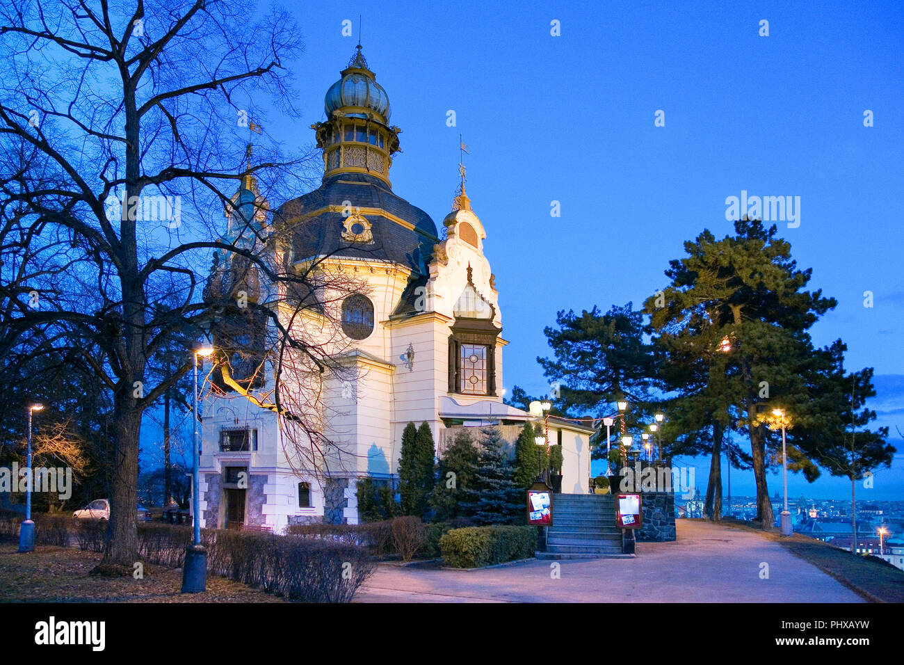 CZECH REPUBLIC, PRAGUE - JAN 8, 2008: art nouveau Hanavsky pavilion, Letna orchards, Lesser Town, Prague, Czech republuc. Night view. Stock Photo