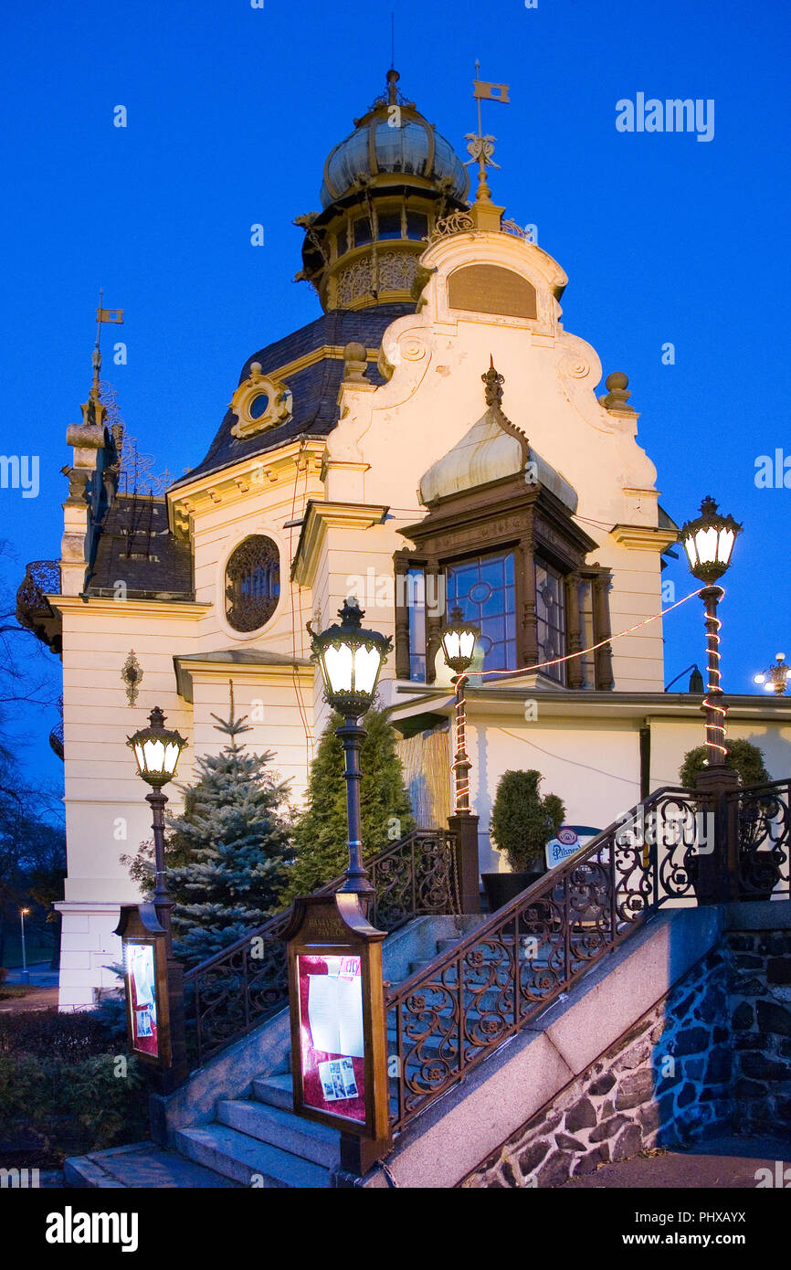 CZECH REPUBLIC, PRAGUE - JAN 8, 2008: art nouveau Hanavsky pavilion, Letna orchards, Lesser Town, Prague, Czech republuc. Night view. Stock Photo