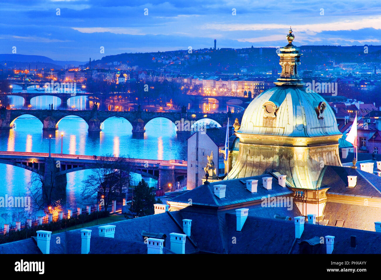Prague bridges and Moldau river from Letna orchards, Lesser Town, Prague, Czech republuc. Night view. Stock Photo