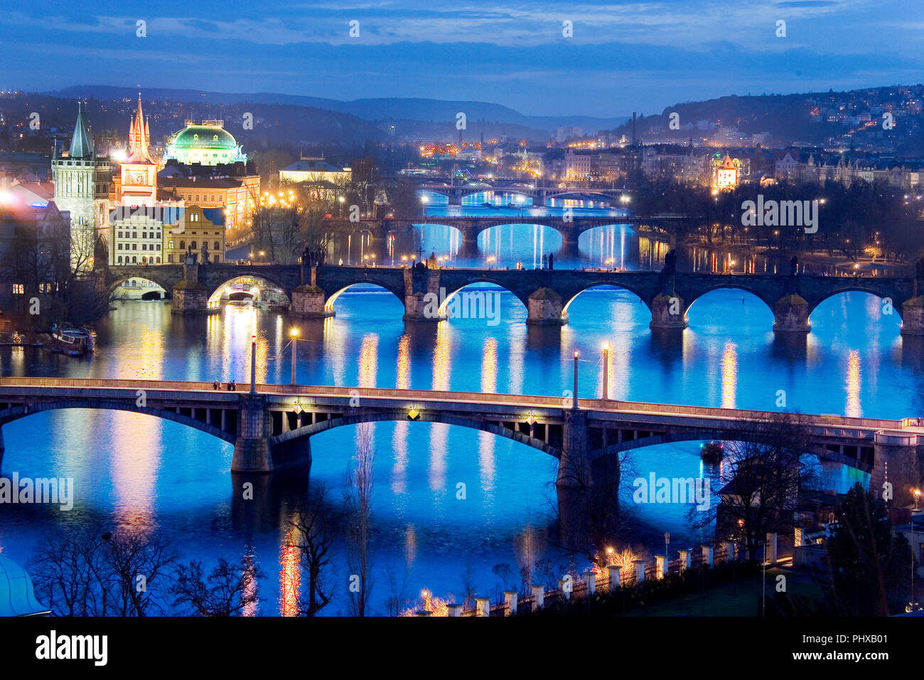 Prague bridges and Moldau river from Letna orchards, Lesser Town, Prague, Czech republuc. Night view. Stock Photo
