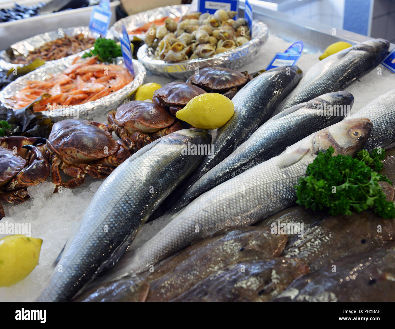 Raw fish on market counter Stock Photo - Alamy