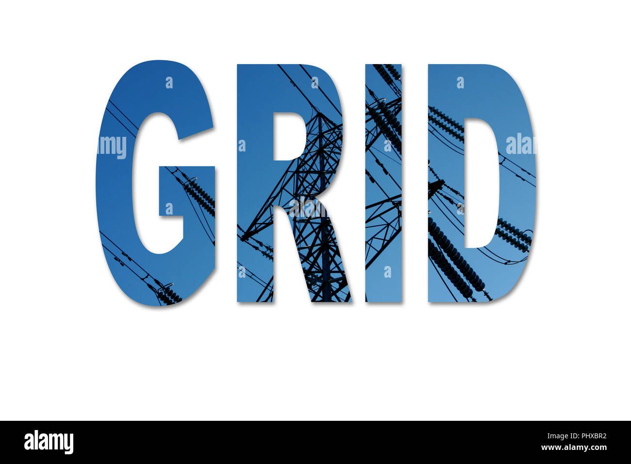 The word grid with an image of an electricity pylon and power lines inside the text Stock Photo