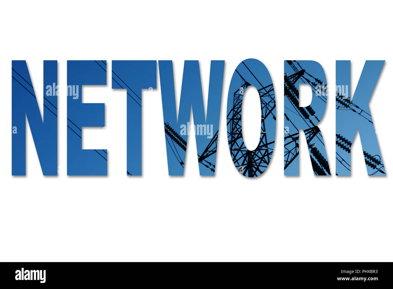 The word network with an image of an electricity pylon and power lines inside the text Stock Photo