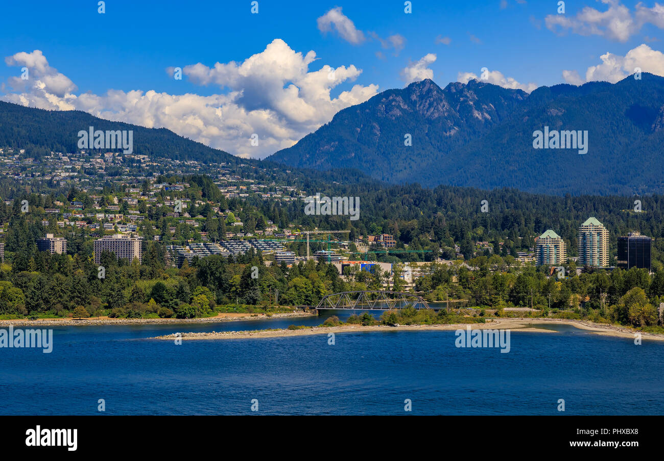 View onto North Vancouver and mountains from Stanley Park in Vancouver ...
