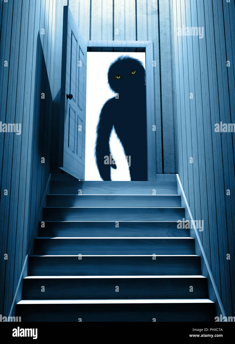 Spooky Monster With Glowing Eyes In Opened Door Steps Leading From A Dark Basement 3d Render Stock Photo Alamy