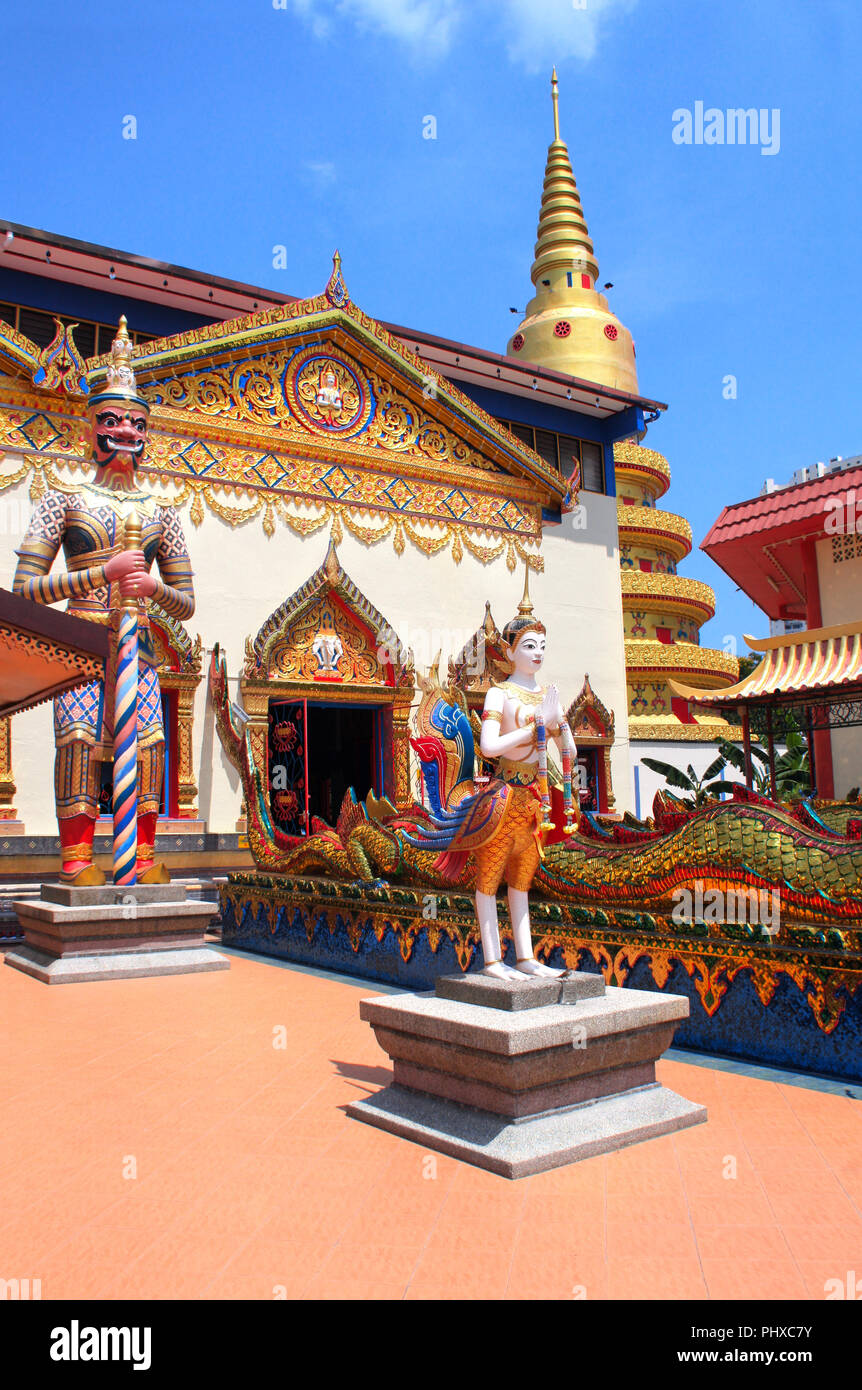 Statues of kinnaris and snakes-nagas Pavilion in Pulau Tikus, thai Buddhist temple (Wat Chayamangkalaram), famous tourist attraction in Georgetown, Pe Stock Photo