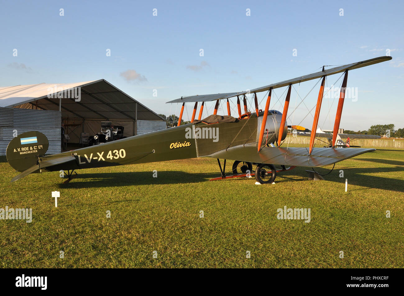 Avro 504K Olivia biplane re-creation built by Pur Sang, a company based in Parana, Argentina. Avro 504 First World War era Argentinian Airforce, RFC Stock Photo