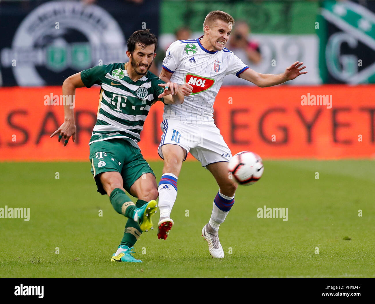 BUDAPEST, HUNGARY - MAY 12: (r-l) Leandro De Almeida 'Leo' of Ferencvarosi  TC celebrates the goal with Roland Varga of Ferencvarosi TC during the  Hungarian OTP Bank Liga match between Ferencvarosi TC