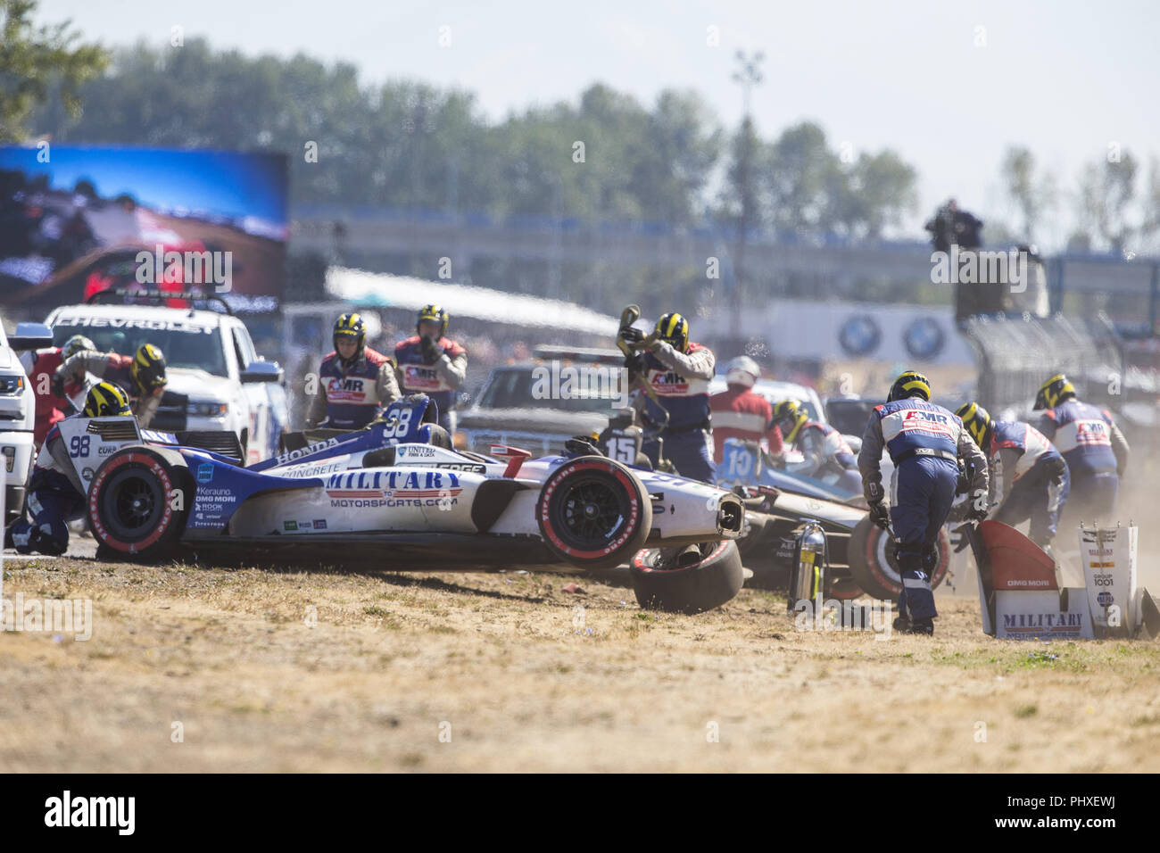 Portland, Oregon, United Stated. 2nd Sep, 2018. MARCO ANDRETTI (98) of the United States gets airborne and flips during the opening lap of the Portland International Raceway at Portland International Raceway in Portland, Oregon. Credit: Justin R. Noe Asp Inc/ASP/ZUMA Wire/Alamy Live News Stock Photo