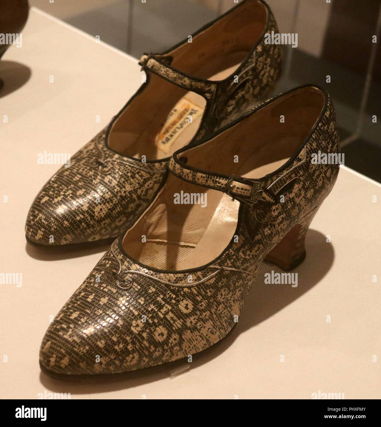 New York City, New York, USA. 2nd Sep, 2018. Dr. Copeland's Light Weight Shoes, 'Mary Jane' shoes ca. 1920's, made with snakeskin and kid leather, seen in the exhibit 'Walk This Way', shoes from the Stuart Weitzman collection held at the New York Historical Society. Credit: Nancy Kaszerman/ZUMA Wire/Alamy Live News Stock Photo