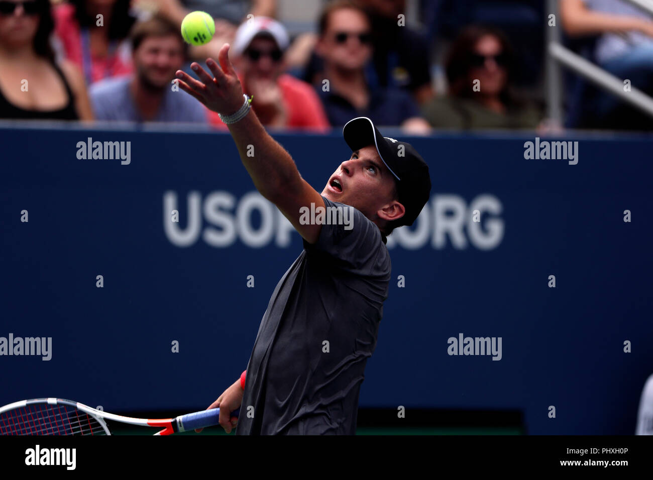 New York, United States. 02nd Sep, 2018. Flushing Meadows, New York - September 2, 2018: US Open Tennis: Number 9 seed, Dominic Thiem of Austria in action against Kevin Anderson of South Africa during their fourth round match at the US Open in Flushing Meadows, New York. Thiem won in straight sets. Credit: Adam Stoltman/Alamy Live News Stock Photo