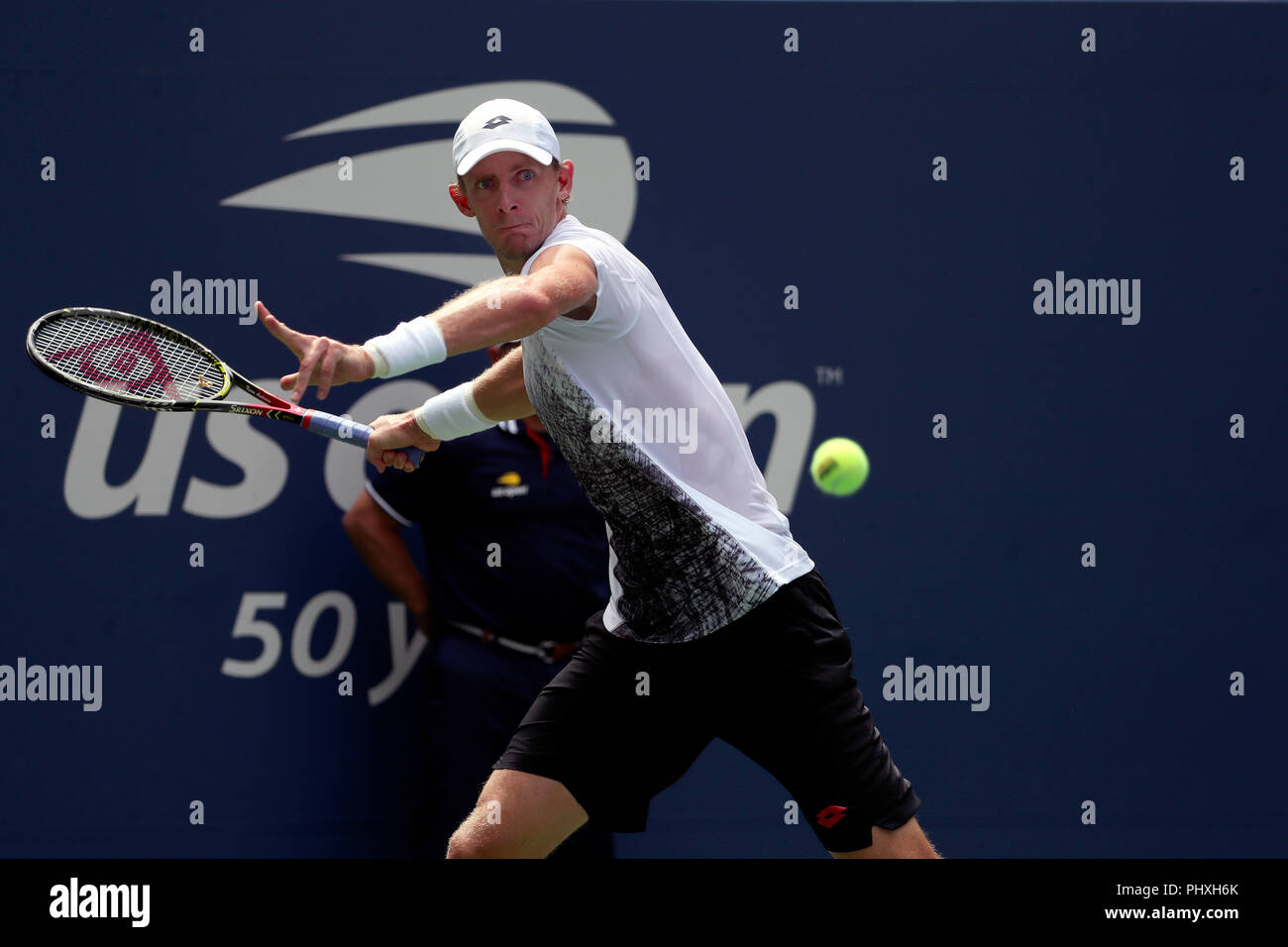 New York, United States. 02nd Sep, 2018. Flushing Meadows, New York - September 2, 2018: US Open Tennis: Kevin Anderson of South Africa in action against Number 9 seed, Dominic Thiem of Austria during their fourth round match at the US Open in Flushing Meadows, New York. Thiem won in straight sets. Credit: Adam Stoltman/Alamy Live News Stock Photo