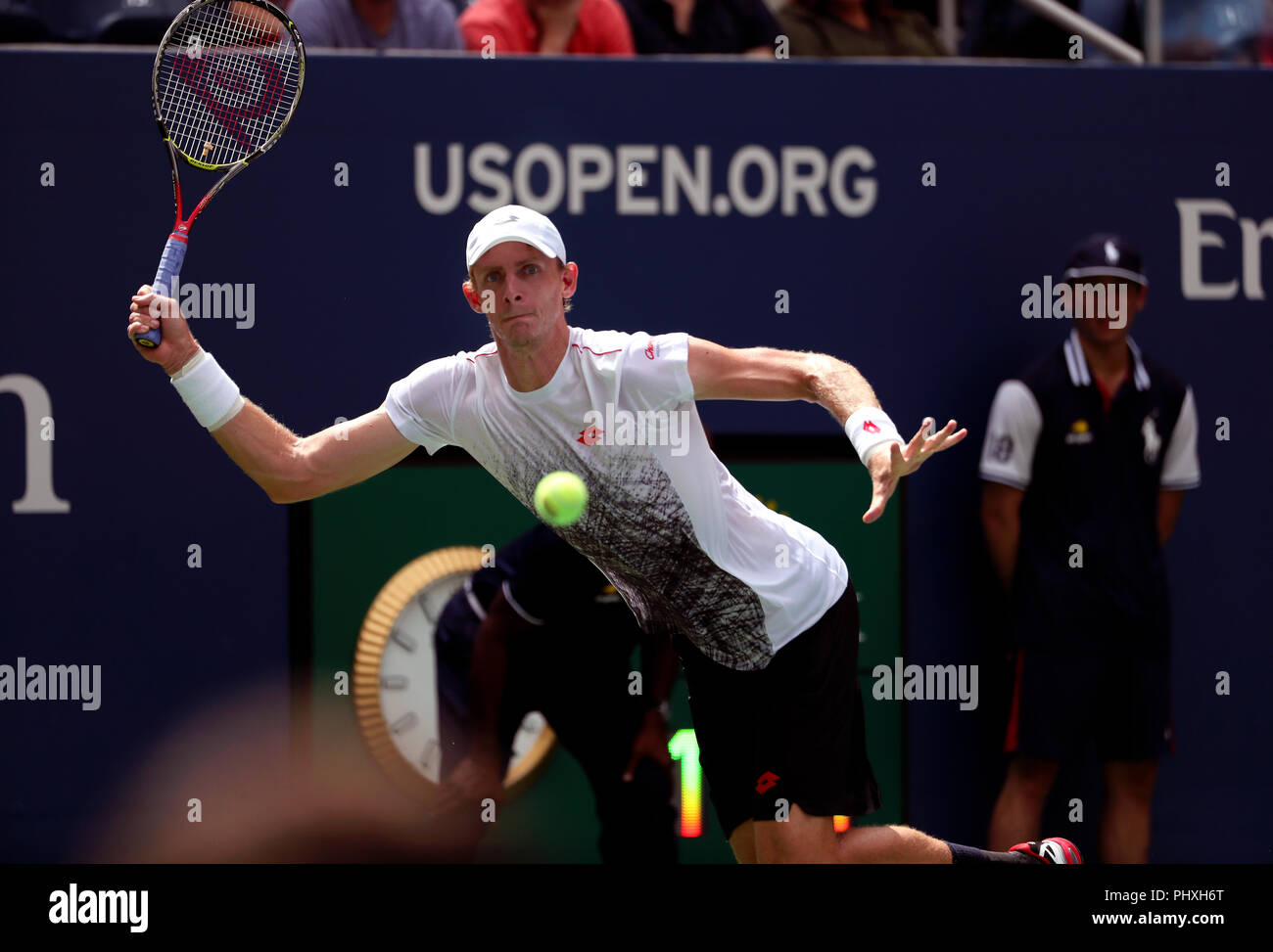 New York, United States. 02nd Sep, 2018. Flushing Meadows, New York - September 2, 2018: US Open Tennis: Kevin Anderson of South Africa in action against Number 9 seed, Dominic Thiem of Austria during their fourth round match at the US Open in Flushing Meadows, New York. Thiem won in straight sets. Credit: Adam Stoltman/Alamy Live News Stock Photo