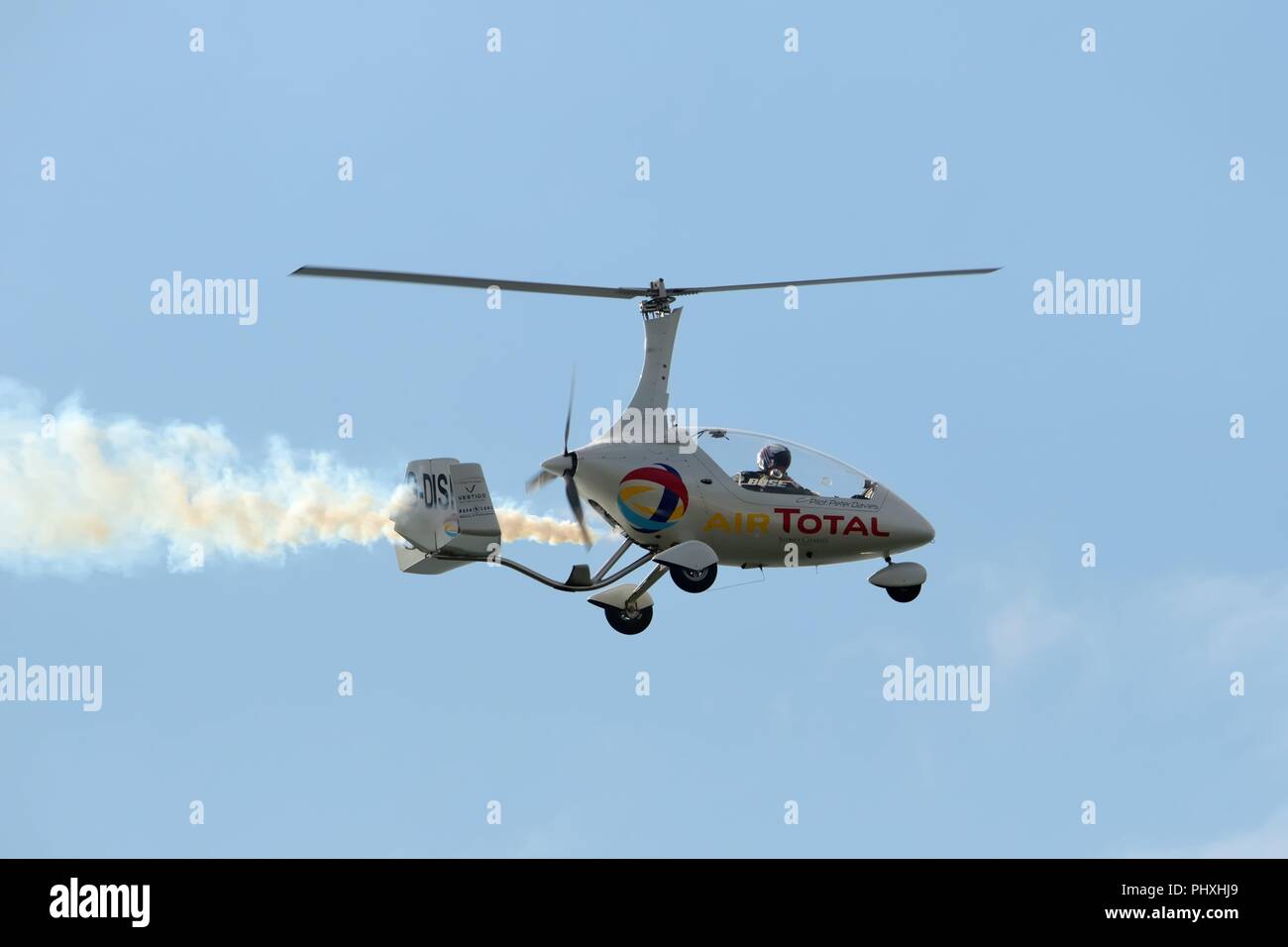 Sunday, 2nd, September, 2018. Ayr, Scotland, UK. An autogyro, also known as a gyro-plane or gyrocopter performed for the crowds on the second day of the Scottish International airshow which was threatened by strong winds and low clouds. Most of the program was performed though to the delight of the crowds. Stock Photo