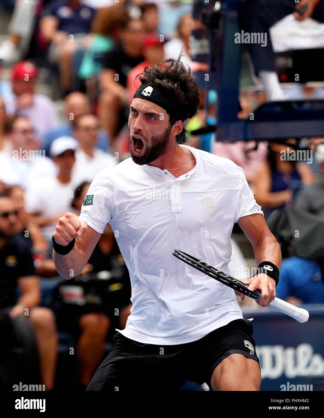 New York, United States. 02nd Sep, 2018. Flushing Meadows, New York - September 2, 2018: US Open Tennis: Nikoloz Basilashvili of the Republic of Georgia celebrates after winning the third set today against Number 1 seed Rafael Nadal during their fourth round match at the US Open in Flushing Meadows, New York. Nadal won in four sets. Credit: Adam Stoltman/Alamy Live News Stock Photo
