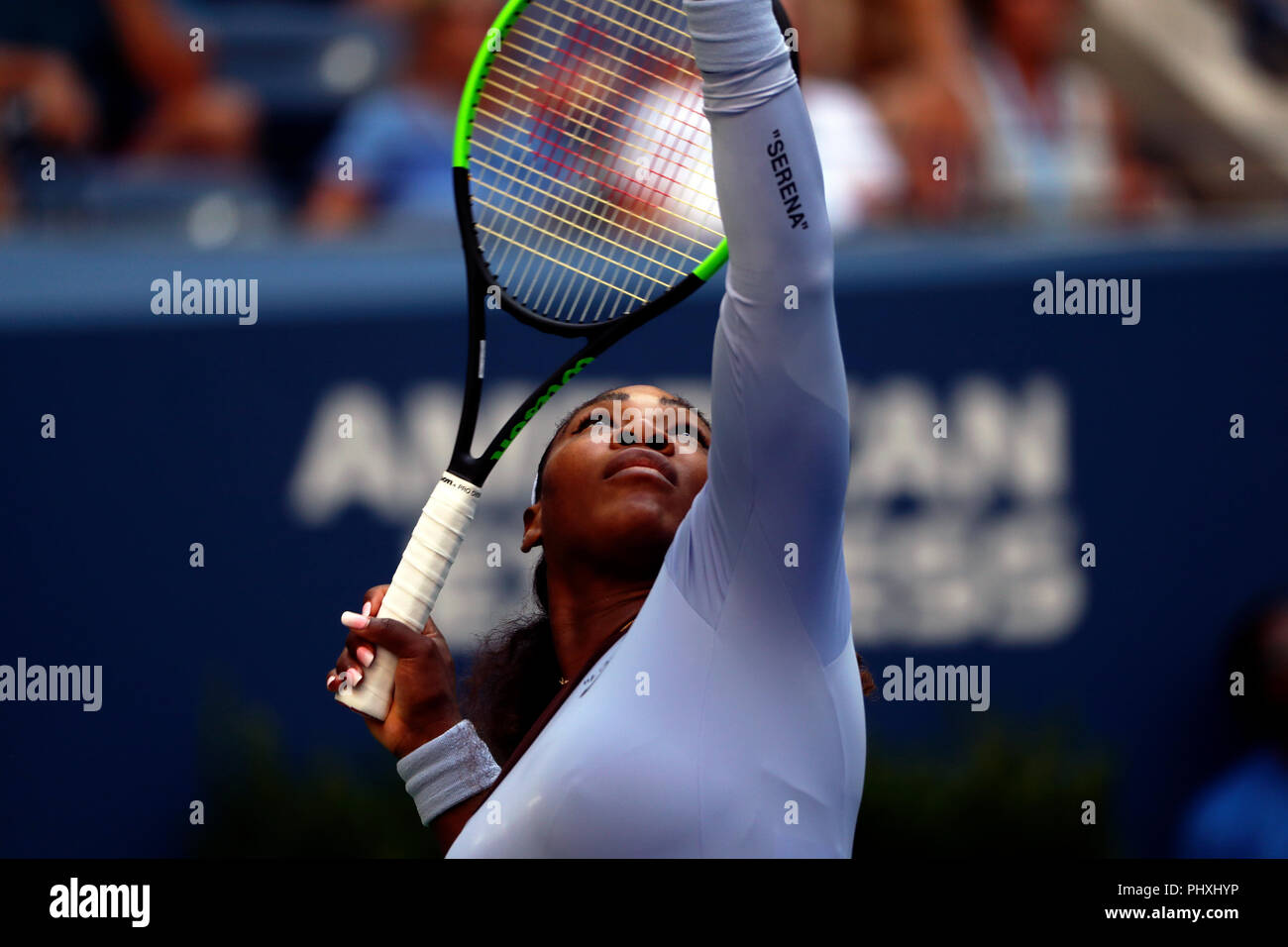 New York, United States. 02nd Sep, 2018. Flushing Meadows, New York -  September 2, 2018: US Open Tennis: Serena Williams serving to Kala Kanepi  of Estonia during their fourth round match at