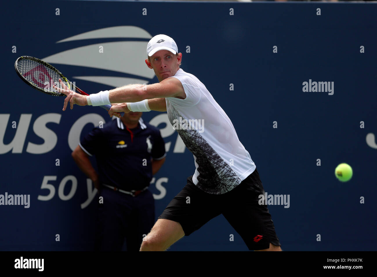 New York, United States. 02nd Sep, 2018. Flushing Meadows, New York - September 2, 2018: US Open Tennis: Kevin Anderson of South Africa in action against Number 9 seed, Dominic Thiem of Austria during their fourth round match at the US Open in Flushing Meadows, New York. Thiem won in straight sets. Credit: Adam Stoltman/Alamy Live News Stock Photo