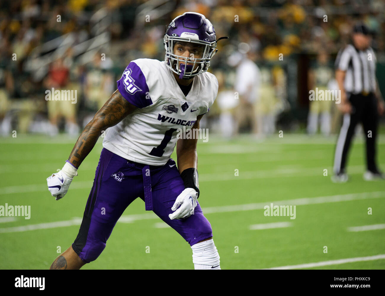 Waco, Texas, USA. 1st Sep, 2018. Abilene Christian Wildcats wide receiver D.J. Fuller (1) lines up during the 1st half of the NCAA Football game between the Abilene Christian Wildcats and Baylor Bears at McLane Stadium in Waco, Texas. Matthew Lynch/CSM/Alamy Live News Stock Photo