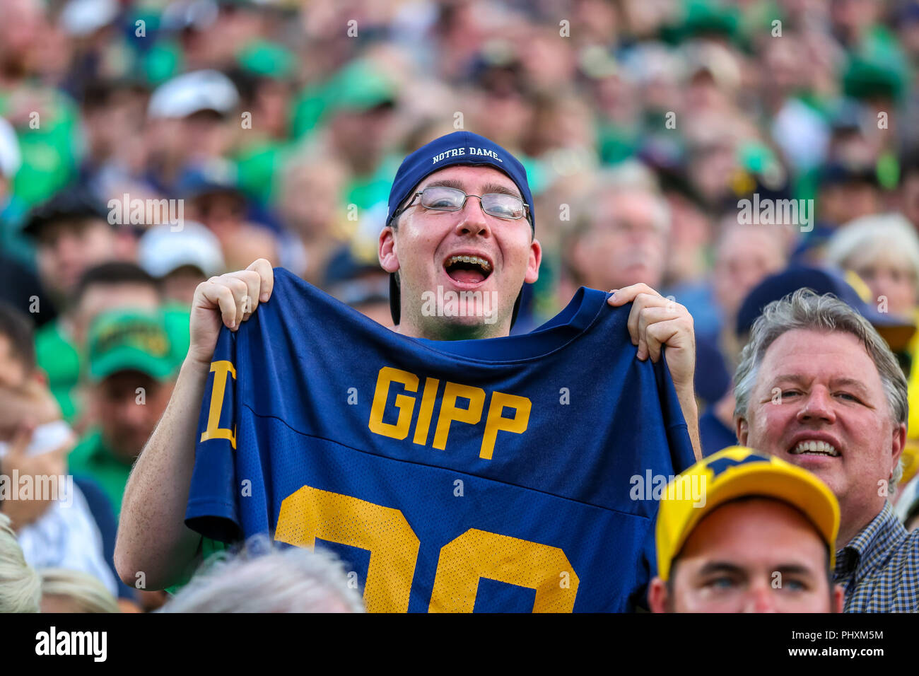 Saturday Sept 1st -A Notre Dame fan holds up a GIPP jersey during NCAA football game action between the University of Michigan Wolverines and the Notre Dame Fighting Irish at Notre Dame Stadium in Southbend, IN Stock Photo