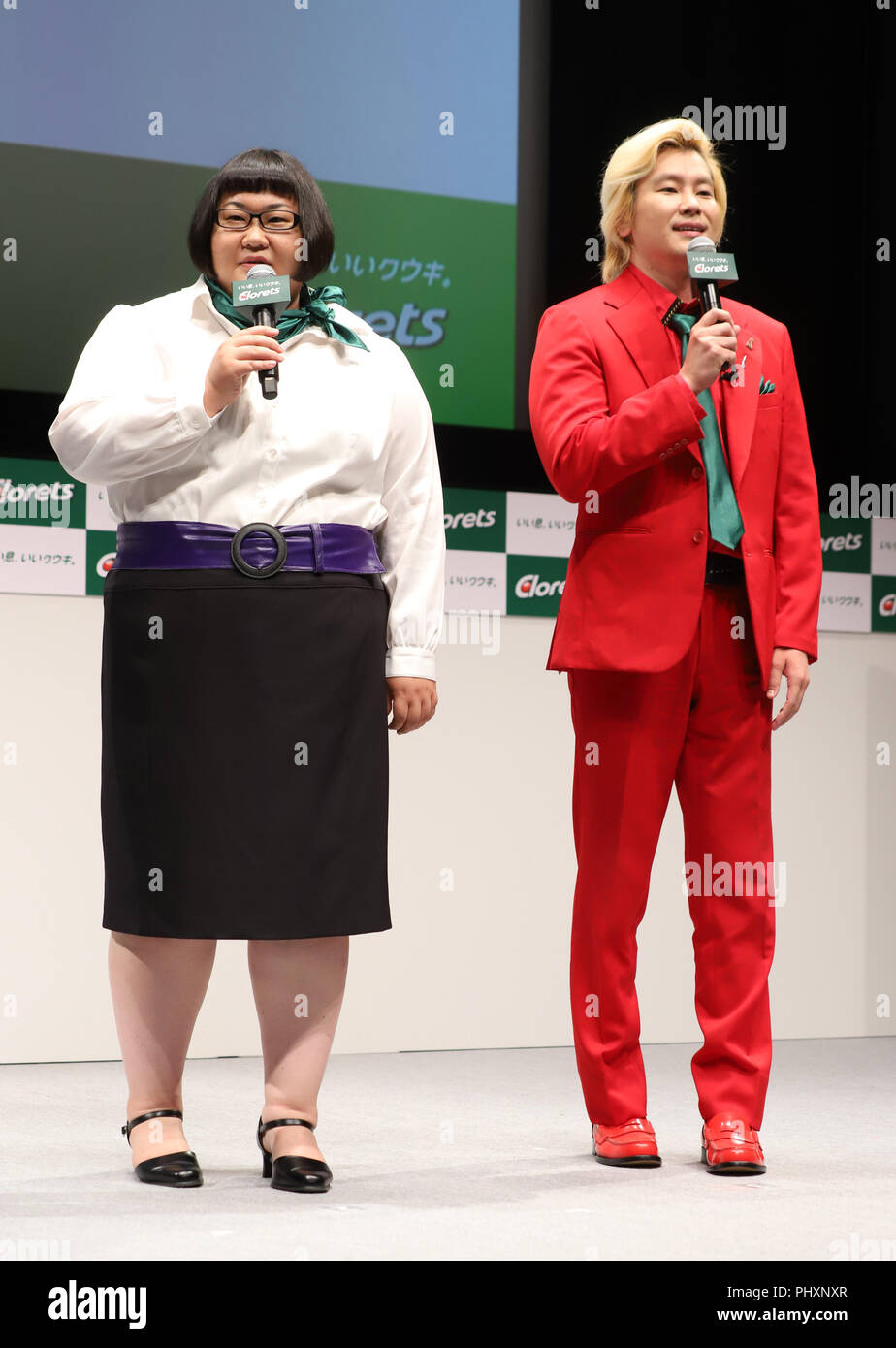 Tokyo, Japan. 3rd Sep, 2018. Japanese comedy duo Maple Superalloy members Natsu  Ando (L) and Kazlaser (R) attend a presentation event of the renewed mint  tablet Clorets in Tokyo on Monday, September