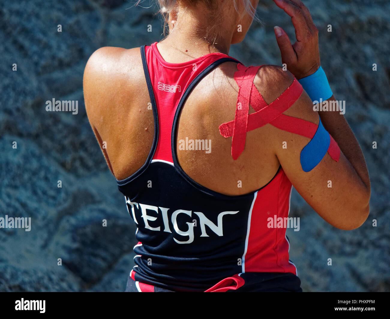 Newquay, UK. 3rd Sept 2018. Traditional Pilot gig race. Cornwall Ladies championship 2018,l Mounts Bay Female Penzance C Crew power through the winning line as overall winners in the competition. Jubilant cox Graham Nicholas salutes his veteran class female team 03rd, September, 2018  Robert Taylor/Alamy live news Newquay, Cornwall, UK. Credit: Robert Taylor/Alamy Live News Stock Photo