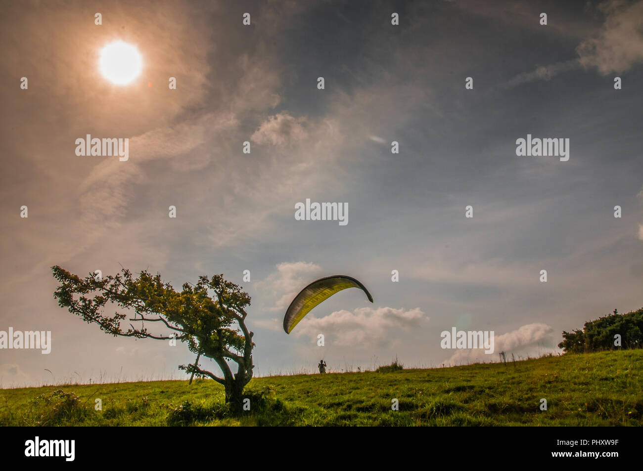 Firle, Lewes, East Sussex, UK..3 September 2018..Paraglider pilot preparing to launch into the morning NW breeze near Firle Beacon in the South Downs. . Stock Photo