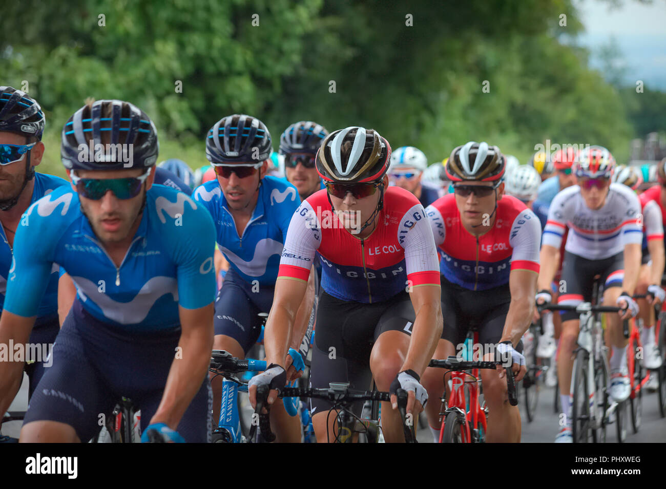 Tiverton, UK. 3rd September 2018. Joey Walker - Team Wiggins - in the peloton at the top of Long Drag Hill Tiverton, 2018 Tour of Britain Devon Stage Credit: Martin Hughes-Jones/Alamy Live News Stock Photo