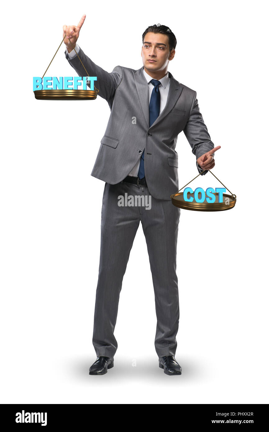 Businessman in cost benefit balance concept Stock Photo - Alamy