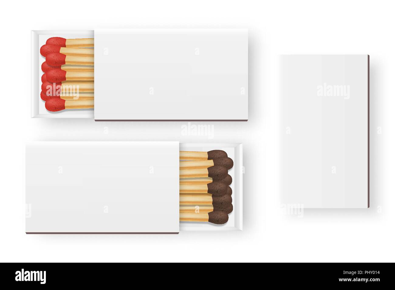 Vector 3d realistic closed and opened blank box of matches with brown and red heads icon set, closeup isolated on white background, top view, white heads. Design template, clipart for graphics Stock Vector
