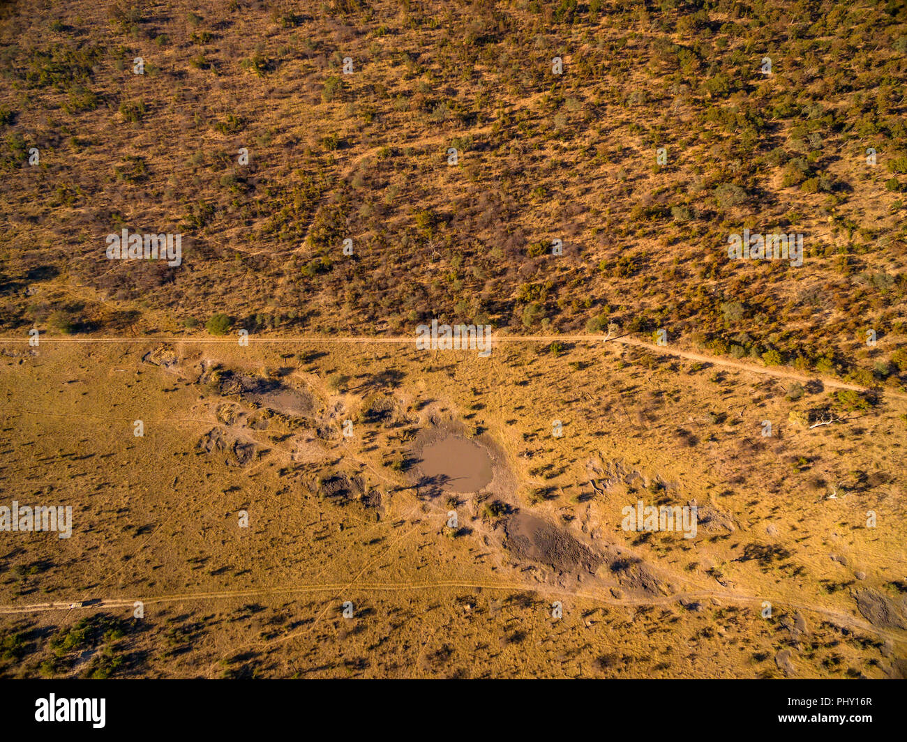 The border of Hwange national park is seen from the air. Stock Photo