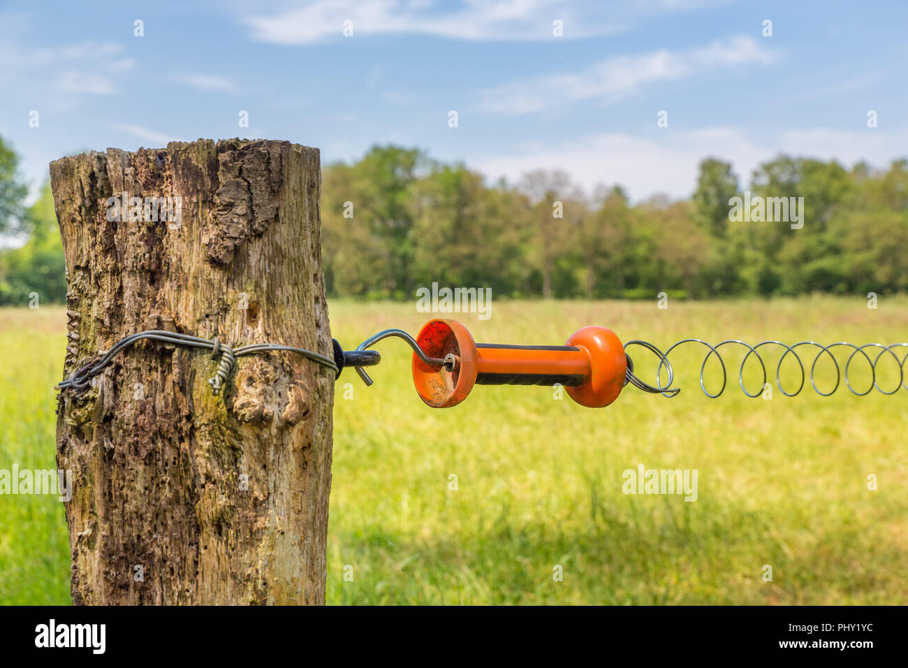 Electric fence with handle at meadow pole Stock Photo Alamy