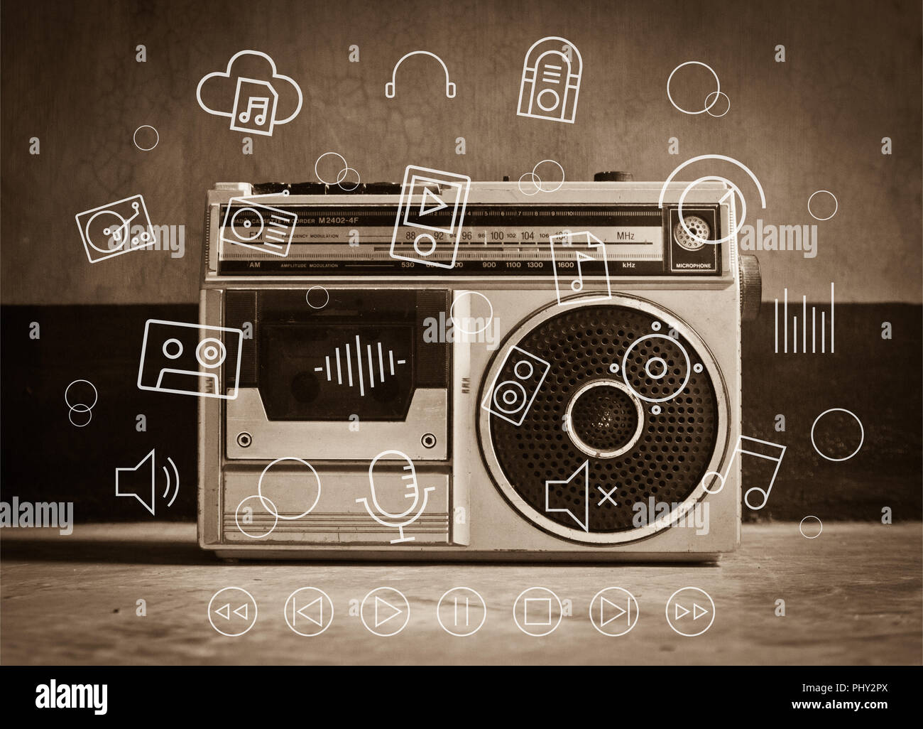 Old vintage Radio with music icons, music infographic Stock Photo - Alamy