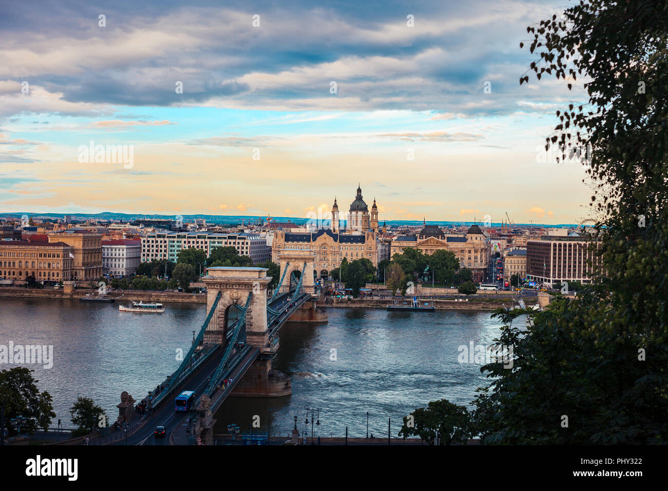Panoramic view of Budapest Széchenyi Chain Bridge, Danube river in Hungary Stock Photo