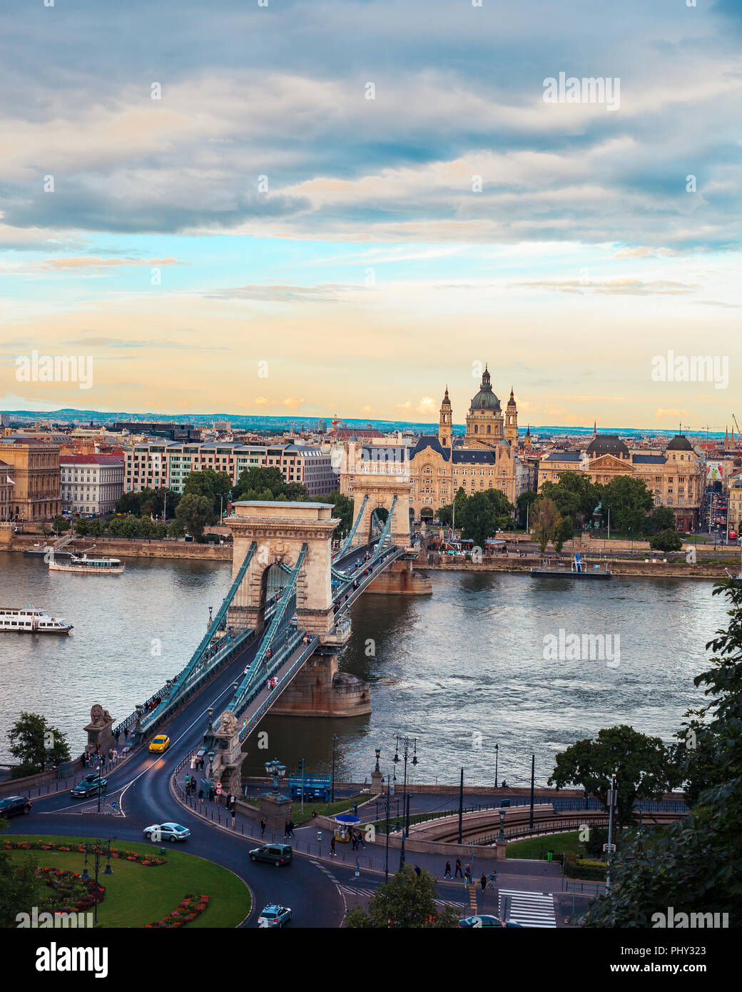The Széchenyi Chain Bridge during sunset from the Budapest castle in Hungary Stock Photo