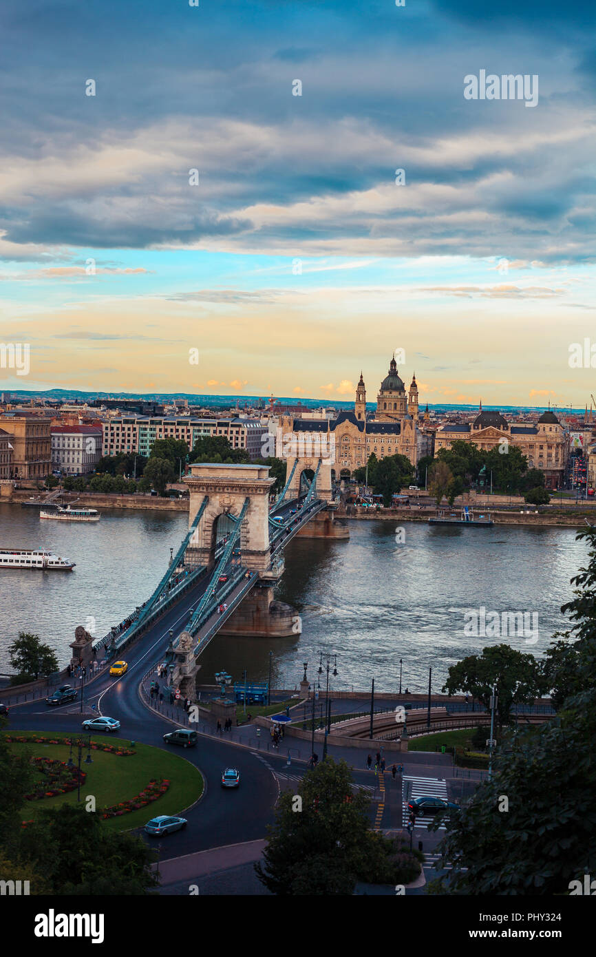 Panoramic view of the Széchenyi Chain Bridge during sunset from the Budapest castle in Hungary Stock Photo