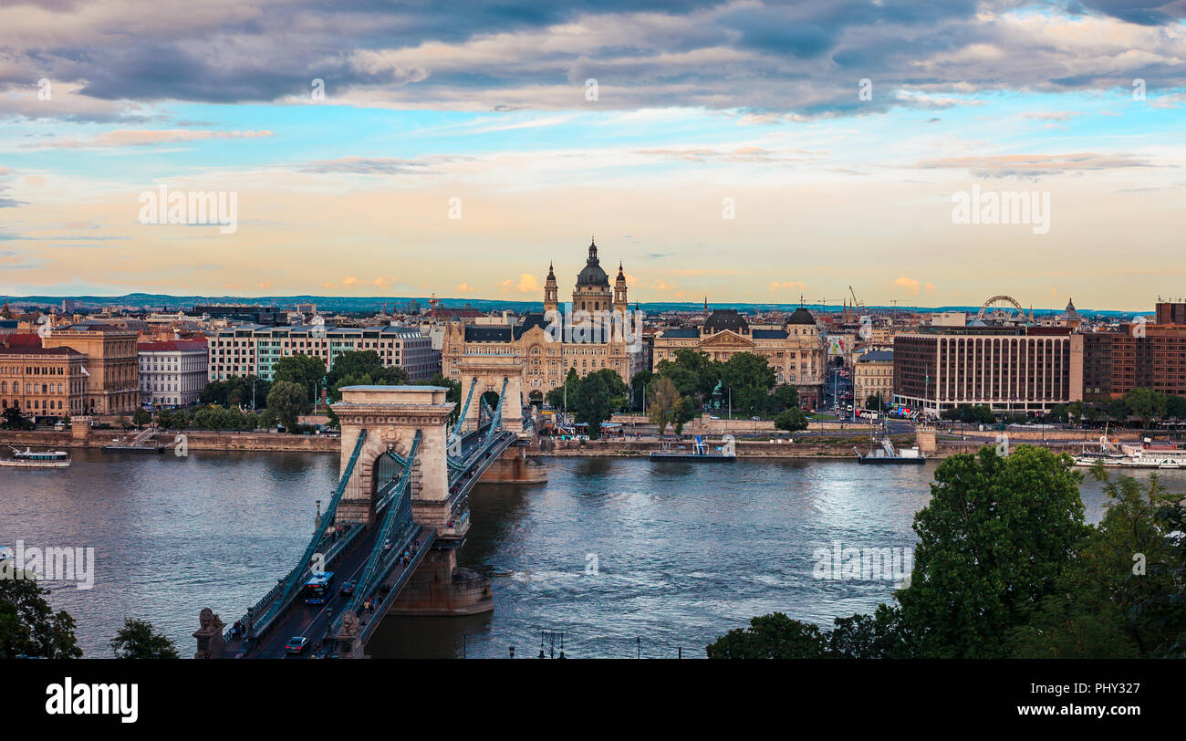 Panoramic view of Budapest during sunset. Széchenyi Chain Bridge and Danube river Stock Photo