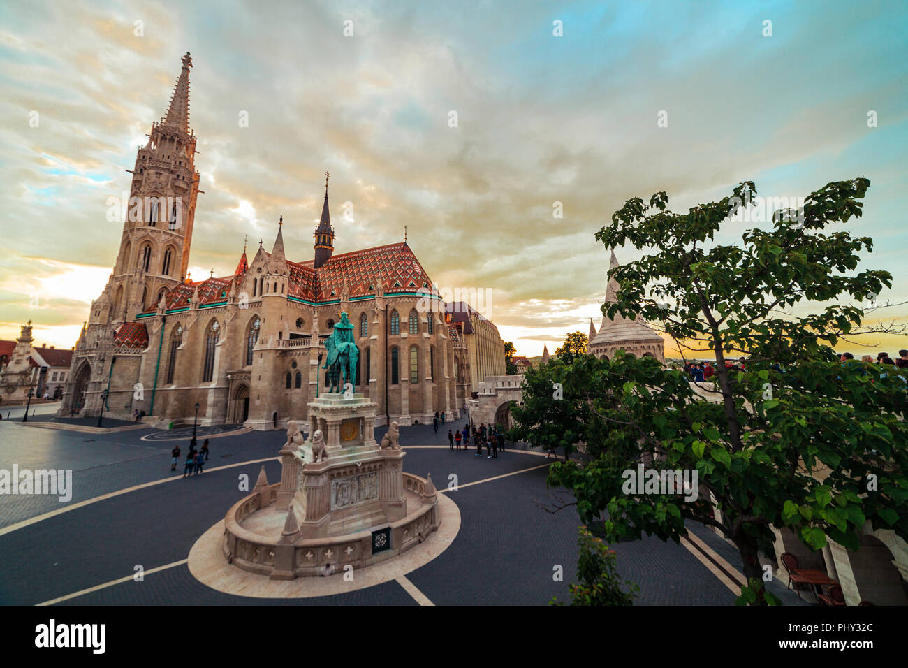 Buda castle and the Matthias Cathedral during sunset ultra wide lens, Budapest Hungary Stock Photo