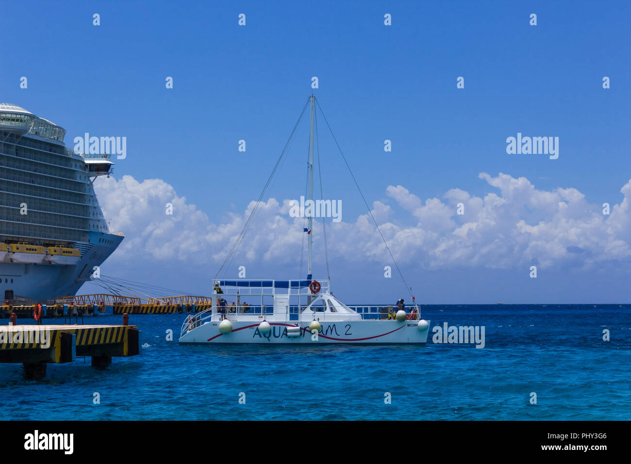 Cozumel, Mexico May 04, 2018 tourists on ferry boat in blue