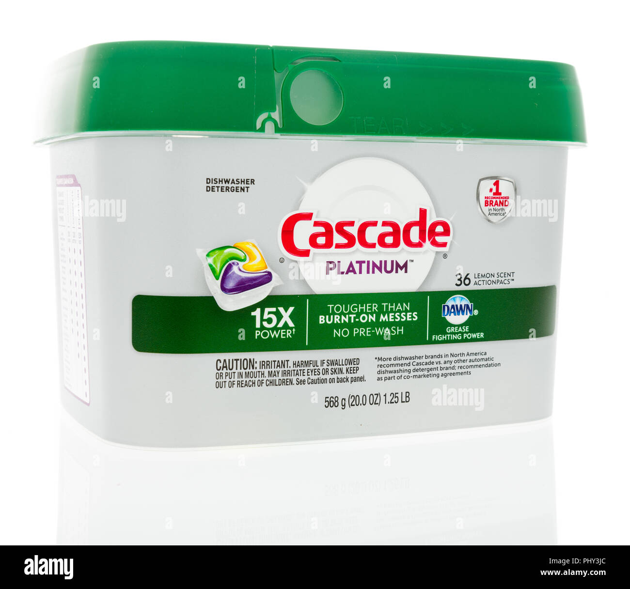Winneconne, WI - 2 September 2018: A package of Cascade Platinum dishwasher detergent with Dawn grease fighting power on an isolated background Stock Photo