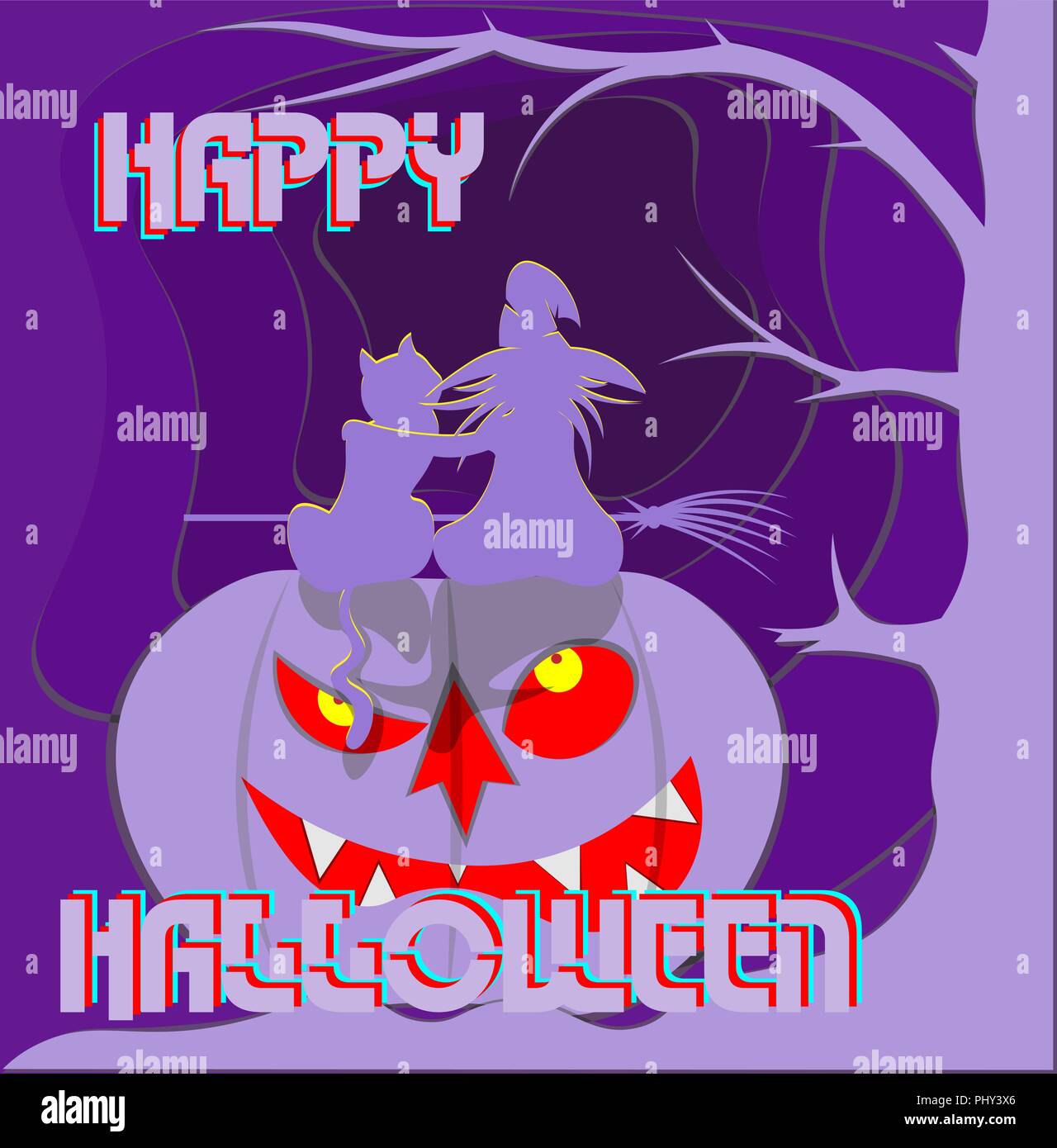 witch with a cat on a pumpkin in front of the portal happy halloween creative logo, art postcard Stock Vector