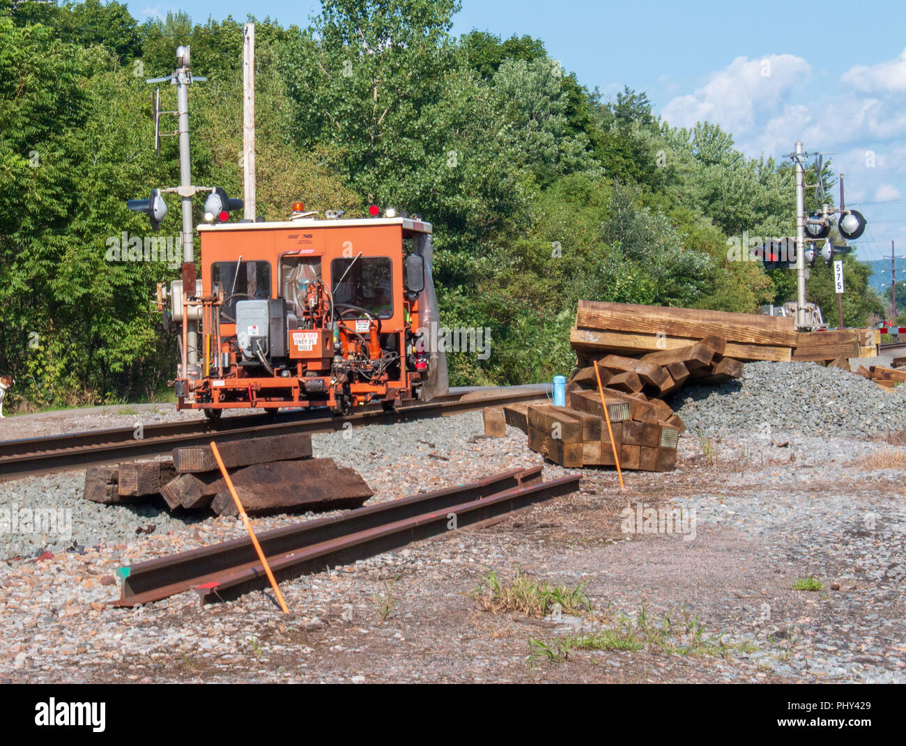 a rail road is being worked on and renewed Stock Photo