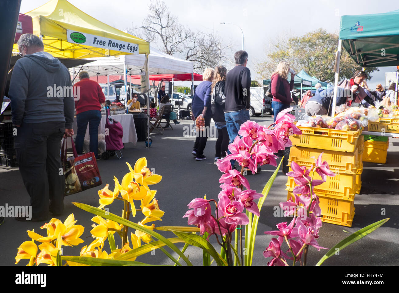 Kerikeri, New Zealand, NZ - August 26, 2018: Shoppers and stalls at the Bay of Islands Farmers' Market Stock Photo